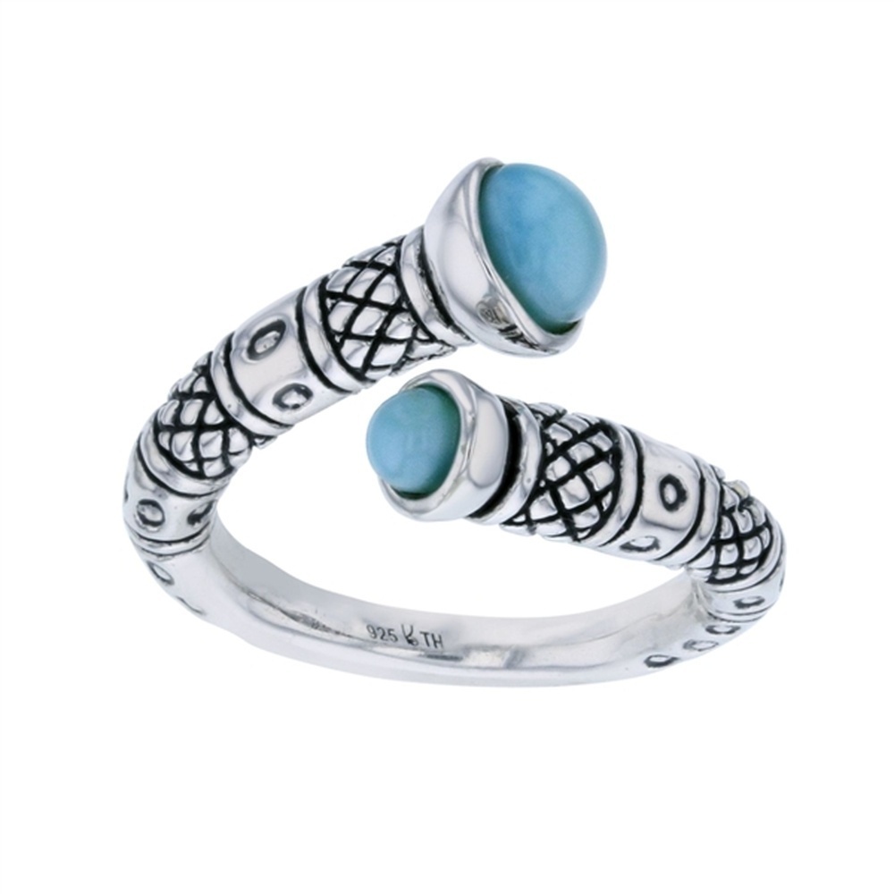 925 Sterling Silver Larimar Round Shape Crossover Line Art Open Ring 6.8 gm
